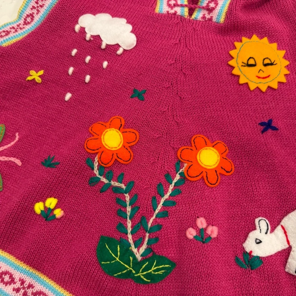 Pink Kids Sweater Poncho‎ with Embroidered Motifs